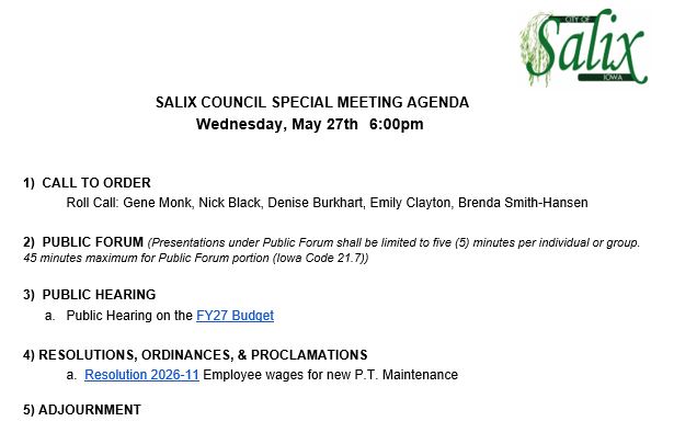 May 27th Agenda